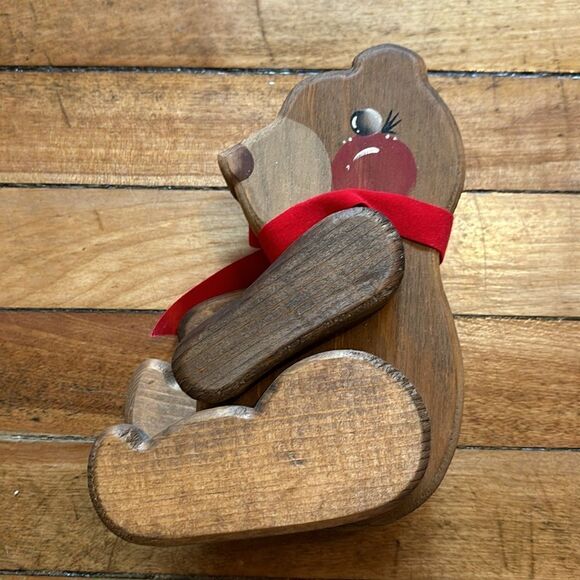Vintage Hand Painted Wooden Jointed Sitting Teddy Bear with Red Bow- Shelf Decor - Picture 4 of 8